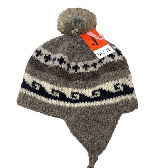 Nepal Wool Hat Brown Knit Ear Flaps with Pompoms Fleece Lined by Sijjl NWT - Picture 9 of 10